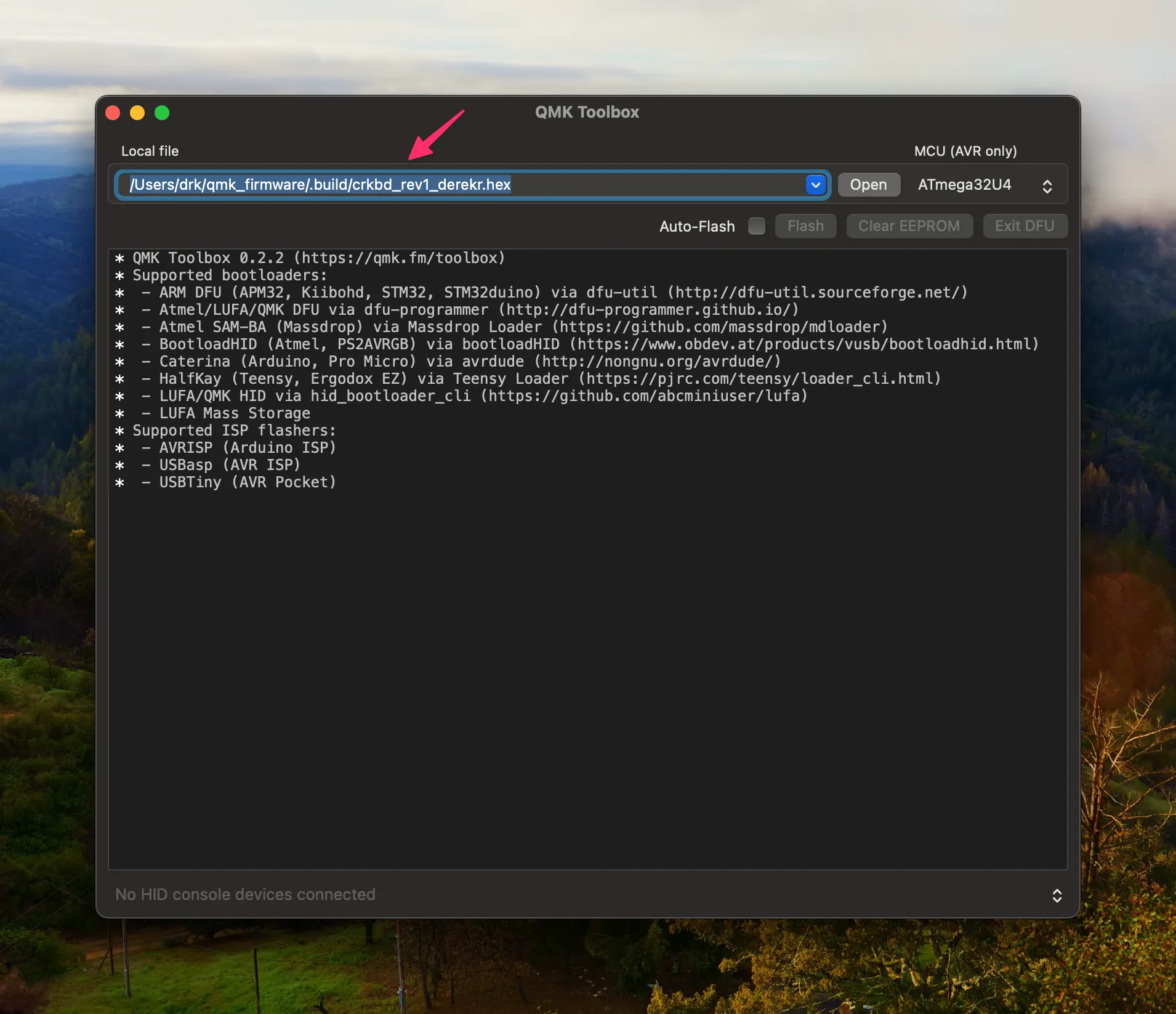 Screenshot of QMK Toolbox with red arrow pointing to firmware path